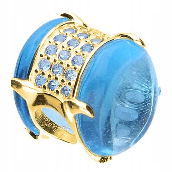 Złoty Charms Niebieski Kamień z Cyrkoniami Błękitny Gładki SREBRO 925