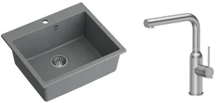 Quadron Zlewozmywak granitowy jednokomorowy 57*50*22 cm MORGAN 110 SILVER STONE ze stalowym odpływem z baterią ANGELINA Q LINE z wyciąganą wylewką kolor stal szczotkowana - Zlewozmywaki z baterią - miniaturka - grafika 1