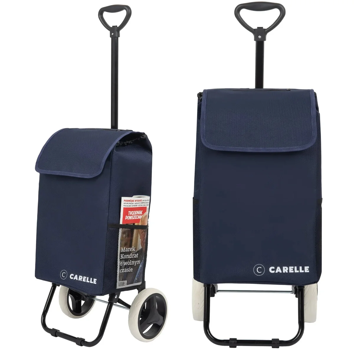 Wózek na zakupy travel składany torba zakupowa kółkach jakość premium CARELLE granatowy składany lekki 1,9 kg teleskopowa rączka zdejmowana torba ko..