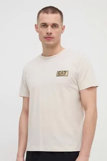 Koszulki męskie - EA7 Emporio Armani t-shirt bawełniany męski kolor beżowy z aplikacją - grafika 1