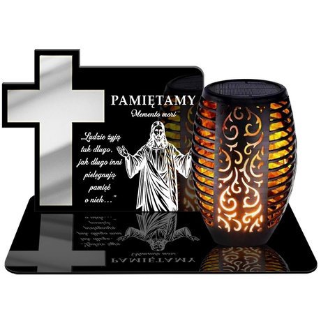 ZNICZ SOLARNY LED WIECZNY PODSTAWKA NA CMENTARZ GRÓB Krzyż EFEKT PŁOMIENIA