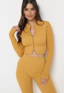 Bluzy damskie - Żółta Krótka Bluza z Prążkowanego Materiału Zapinana na Suwaki Idendia - miniaturka - grafika 1