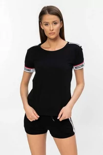 Koszulki i topy damskie - MOSCHINO UNDERWEAR - czarny t-shirt z pagonami z logo - grafika 1