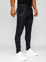 Spodnie męskie - Atramentowe spodnie materiałowe chinosy w kratę męskie Denley 0061 - grafika 1