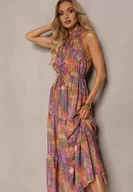 Sukienki - Pomarańczowo-Różowa Sukienka w Stylu Boho z Gumką w Talii i Ozdobnym Wiązaniem Piofara - miniaturka - grafika 1