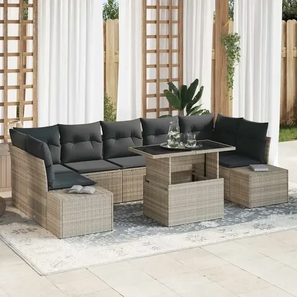 Zestaw Sofa Ogrodowa Rattanowa 8-Elementowa, Szara, Regulowany Stół