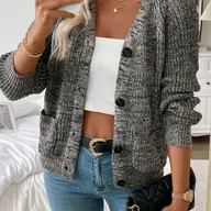 Swetry damskie - TEMU Elegancki damski kardigan z dekoltem w serek - sweter z długim rękawem, otwarty z przodu, zapinany na guziki, stylowy strój na biuro i imprezę, - miniaturka - grafika 1