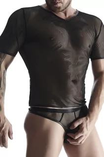 Bielizna erotyczna męska - Regnes Fetish Planet męski komplet z elastycznej siatki: t-shirt w serek, stringi S 65-SET008-BLACK-S - grafika 1