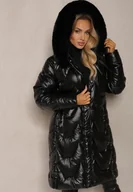 Kurtki damskie - Czarna Pikowana Kurtka o Długim Kroju z Kapturem i Odpinanym Futrem Mocno Ocieplana Lillanea - miniaturka - grafika 1