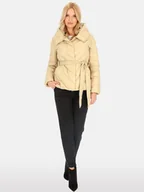 Kurtki damskie - Krótka wiązana puchowa kurtka damska z kapturem XL Beżowy - miniaturka - grafika 1