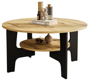 Nowoczesny okrągły kawowy stolik z półką dąb artisan + czarny D8-T04 - Ławy i stoliki kawowe - miniaturka - grafika 1