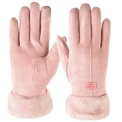 Rękawiczki rowerowe - PUDROWY RÓŻ Rękawiczki dotykowe ocieplane miś futerko damskie - miniaturka - grafika 1