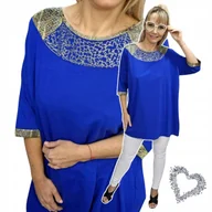 Bluzki damskie - ELEGANCKA DŁUŻSZA TUNIKA CYRKONIE bawełna luźna bluzka zwierzęca 54 56 7XL - miniaturka - grafika 1