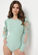 Bluzki damskie - Miętowe Body z Wiskozy z Długim Rękawem Ozdobionym Ażurową Koronką i Falbanką Sumveni - miniaturka - grafika 1