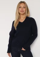 Swetry damskie - Granatowy Sweter z Domieszką Kaszmiru z Dekoltem w Serek Feralaine - miniaturka - grafika 1