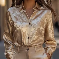 Koszule damskie - TEMU Elegancka koszula z długim rękawem z luksusowego złotego satyny i kwiatowym wzorem - miniaturka - grafika 1