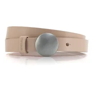 Paski - Damski skórzany pasek z błyszczącą okrągłą klamrą beżowy - miniaturka - grafika 1