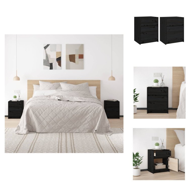 vidaXL Szafki nocne 2 szt. czarne 40x31x50 cm lite drewno sosnowe - Szafki nocne