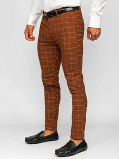 Spodnie męskie - Brązowe spodnie materiałowe chinosy w kratę męskie Denley 0047 - grafika 1