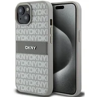 Etui i futerały do telefonów - Oryginalne Etui IPHONE 13 / 14 / 15 DKNY Hardcase Leather Mono Stripe & Metal Logo (DKHCP15SPRTHSLE) beżowe - miniaturka - grafika 1
