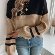 Swetry damskie - TEMU ELEGANTSUT Elegancki Sweter Zimowy - Luźny Krój z Okrągłym Dekoltem, Kolorowe Bloki z Paskami i Jednolitymi Kolorami, Bluzka o Średniej - miniaturka - grafika 1