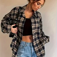 Koszule damskie - TEMU Bluzka Damska Vintage - Bluzka z Opadającymi Ramionami, Długi Rękaw w Kolorach Brązowym/Czarnym/Białym/Szarym/Niebieskim/Beżu, Nieprześwitująca - miniaturka - grafika 1