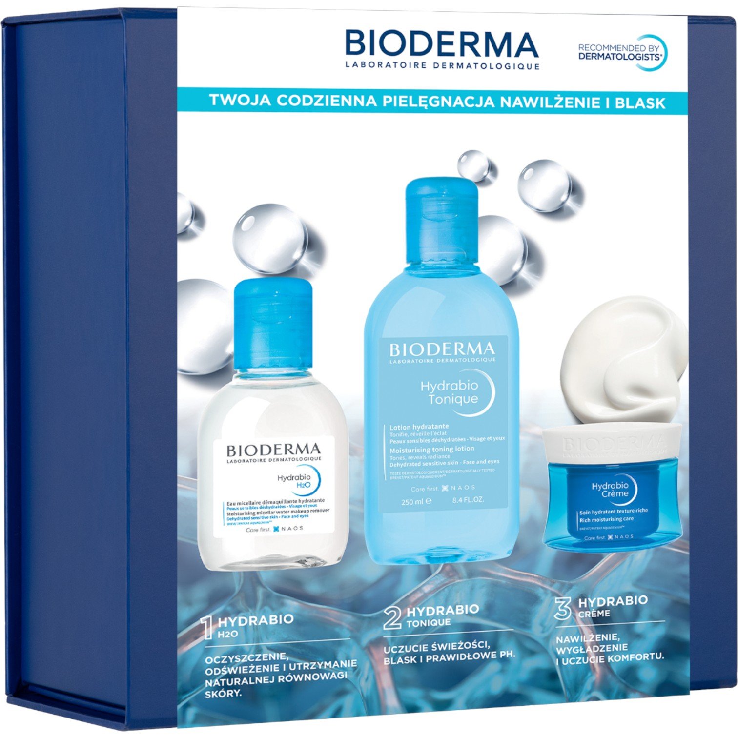 Bioderma zestaw Hydrabio: Krem 50ml + Tonik 250ml + Woda micelarna 100ml