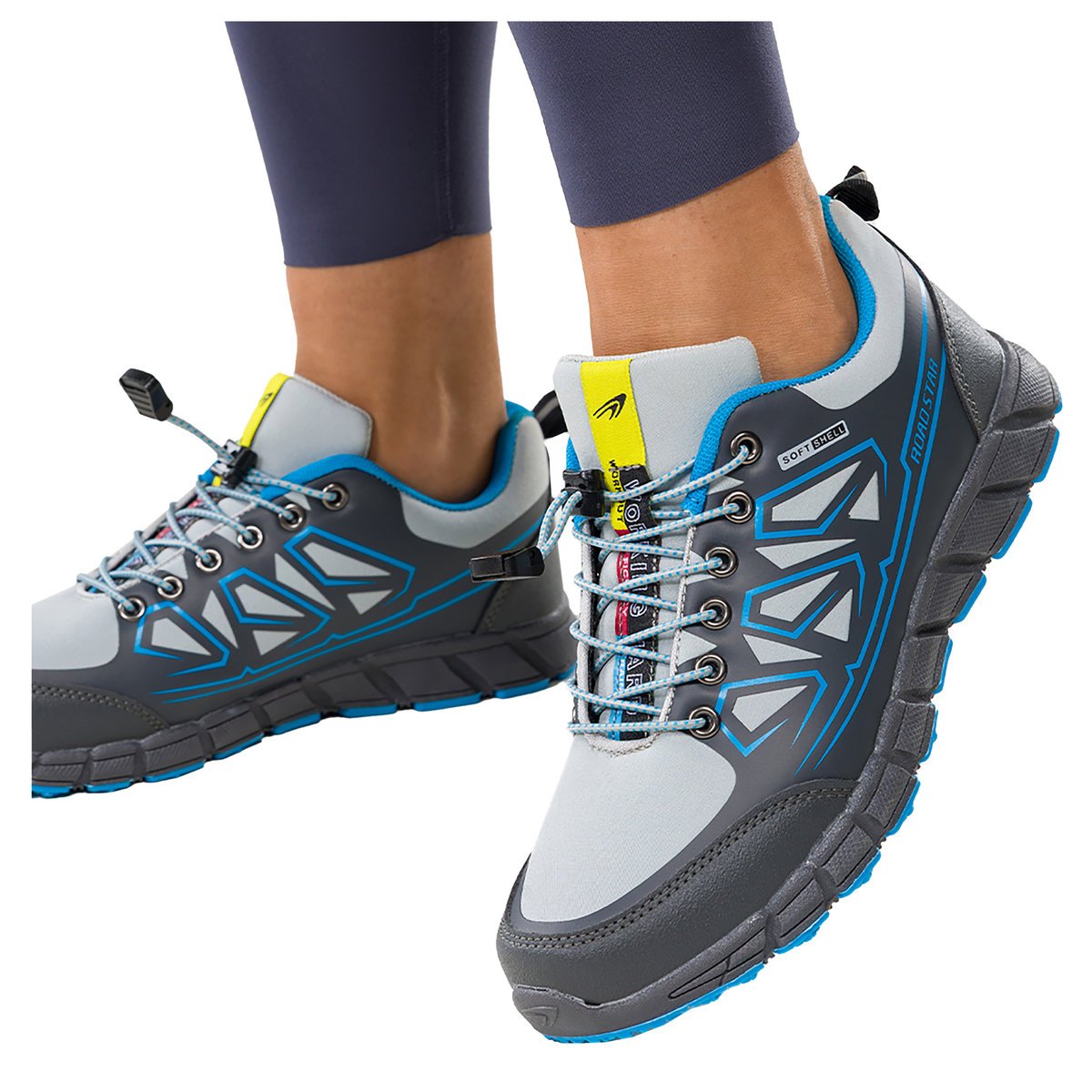 Szare buty trekkingowe damskie buty sportowe na bieżnikowanej podeszwie z regulowaną elastyczną sznurówką niebieskie wstawki softshell Casu 2309-2W-38