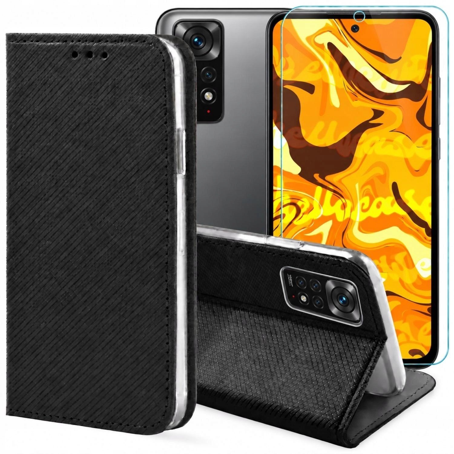 Hello Case Etui z Klapką Do Xiaomi Redmi Note 11 4G / 11s 4G Czarne, Kabura Szkło BNDL3406