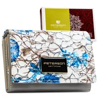 Portfele - Portfel Peterson ze skóry naturalnej damski lakierowany z ochroną RFID na karty i gotówkę skórzany w kwiaty poziomy biały niebieski - miniaturka - grafika 1