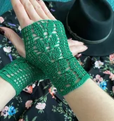 Rękawiczki - Mitenki koronkowe zielone motyw roślinny - miniaturka - grafika 1