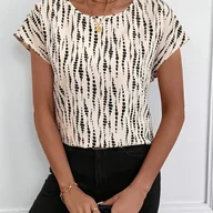 Koszule damskie - TEMU Bluza z Okrągłym Dekoltem w Geometryczne Wzory Czarno-Jasnobrązowa - Luźny Top Biznesowo-Casualowy, Strój dla Nauczycielki - miniaturka - grafika 1