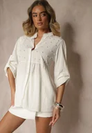 Koszule damskie - Biała Koszula z Wiskozą i Perełkami Tanathiel - miniaturka - grafika 1