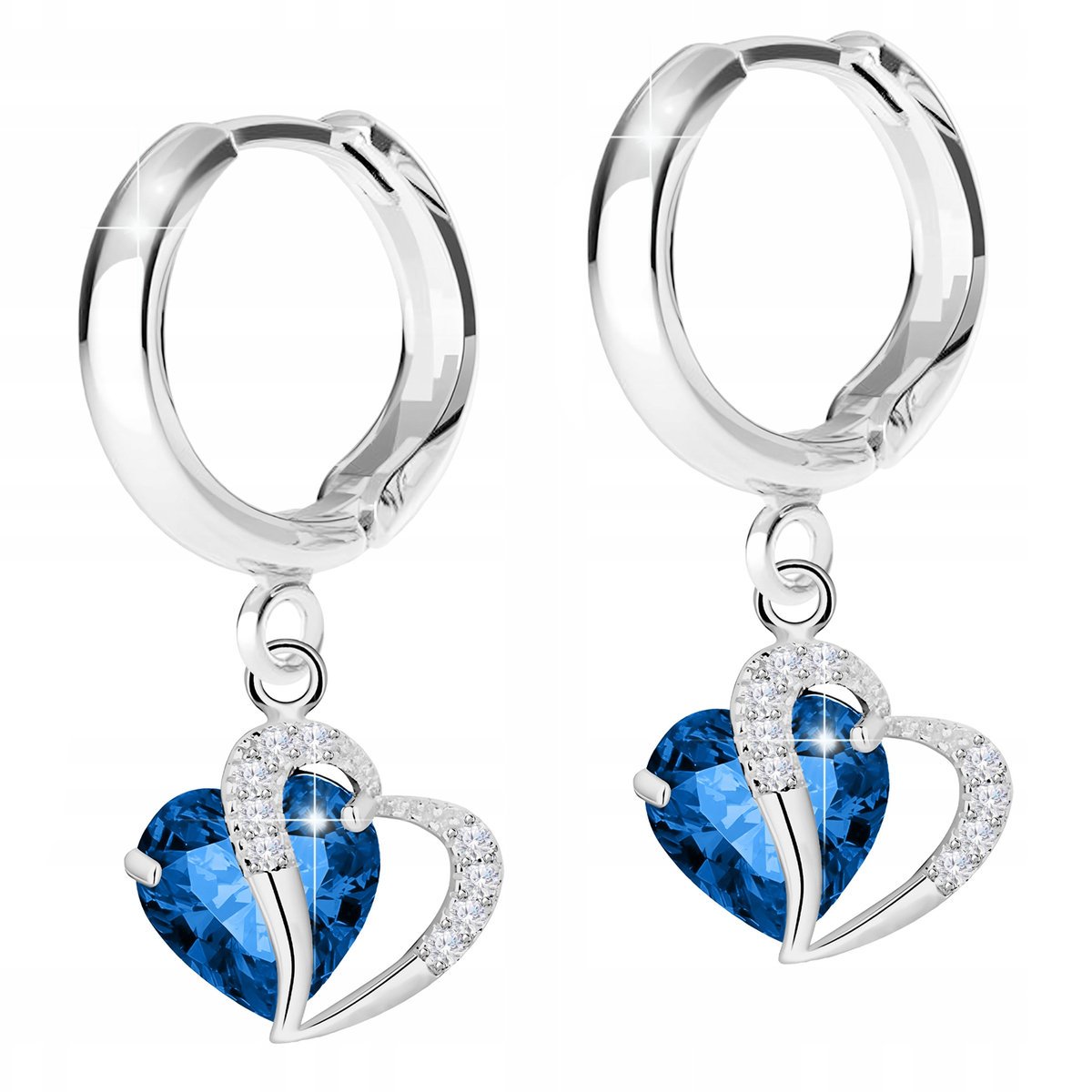 Kolczyki Srebrne Niebieskie Kryształowe Serca Heart Cyrkonie SREBRO 925
