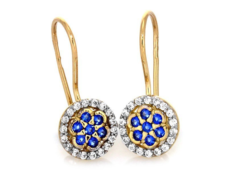 Kolczyki złote 585 kwiatki z niebieskimi kamieniami na biglu 1.30g