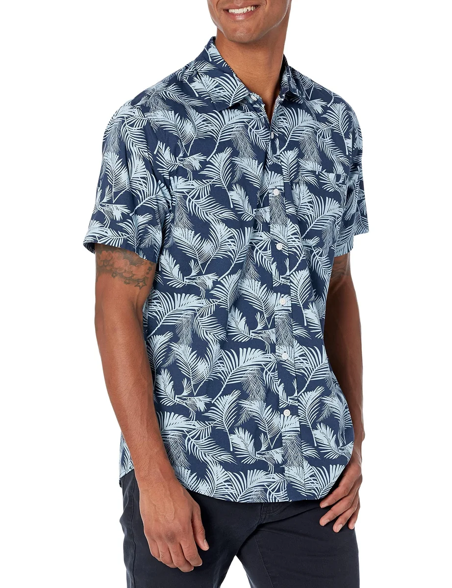 Amazon Essentials Men's Koszula z krótkim rękawem i nadrukiem regular fit, Granatowy Niebieski Niebo Liść palmowy, XL