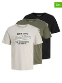 Koszulki męskie - Jack & Jones Koszulki (3 szt.) "Jjethan" w kolorze oliwkowo-czarno-kremowym - miniaturka - grafika 1