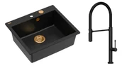 Zlewozmywaki z baterią - Quadron Unique Zlewozmywak granitowy jednokomorowy 57*50*22 cm MORGAN 110 PURE CARBON z syfonem Push-2-Open w kolorze miedzianym z baterią MARGOT T LINE PURE CARBON z ruchomą wylewką kolor czarny mat/czarny wąż - miniaturka - grafika 1