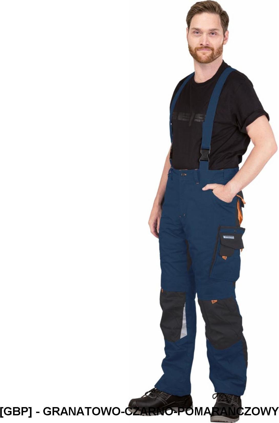 LH-NAW-B - Spodnie ochronne ogrodniczki NEW AGE wykonane z materiału typu canvas - granatowo-czarno-pomarańczowy L