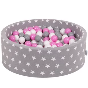 KiddyMoon basen z piłkami 90 x 30 cm, 200 piłek,  7 cm, basen z kolorowymi piłkami, dla niemowląt, okrągły, szare gwiazdy: szary/biały/jasnoróżowy - Suche baseny - miniaturka - grafika 1