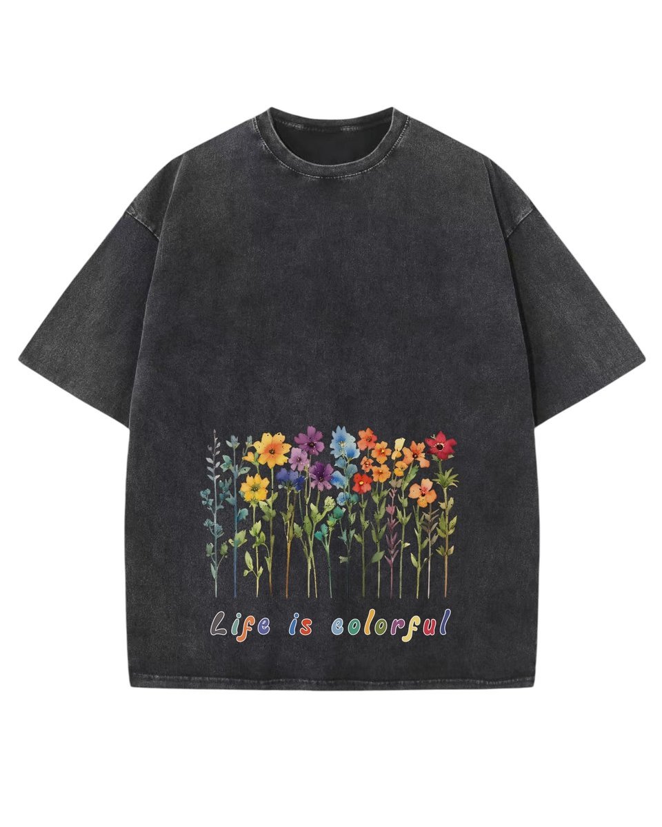 Damska koszulka oversize efekt sprania Kolorowe Kwiaty Wiosna Czarna M