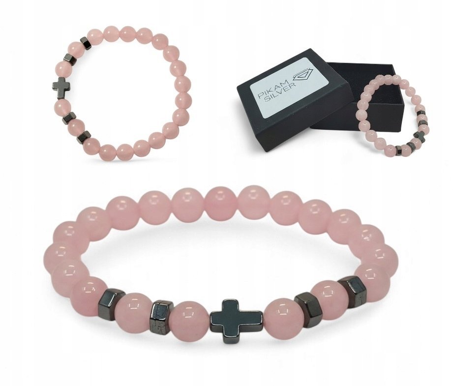 Bransoletka Z Kamieni Naturalnych 8mm Kwarc Różowy Z Krzyżykiem Na Gumce