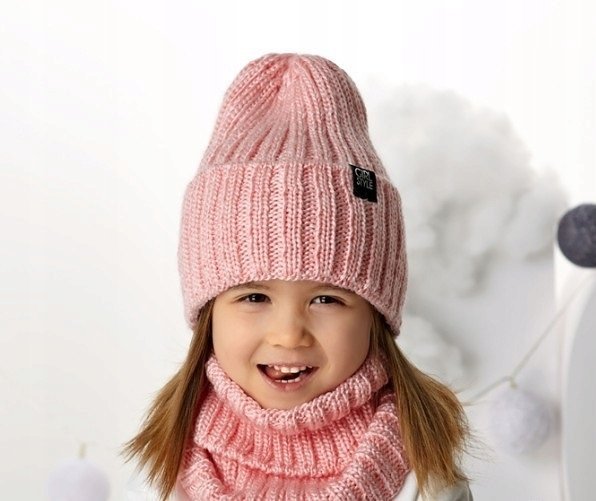 Komplet AJS 46-489 Czapka + golf RÓŻ 52-56cm