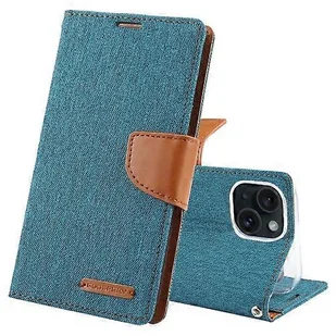 Dla iPhone 15 GOOSPERY CANVAS DIARY Tekstura tkaniny Skórzane etui na telefon komórkowy z klapką Zielony 15 Pro Max - Etui i futerały do telefonów - miniaturka - grafika 1