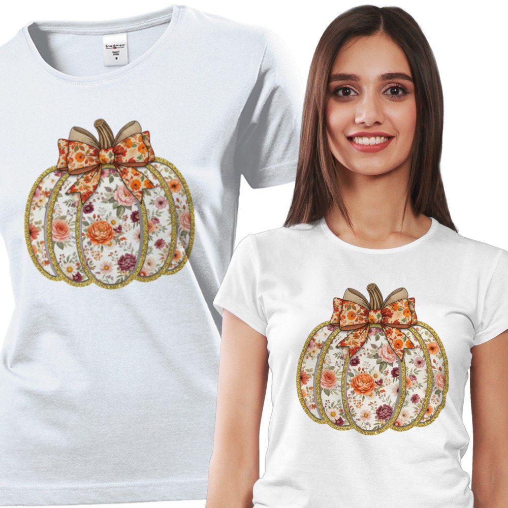 Koszulka damska Dynia Z Wzorem W Kwiatki Vintage Glitter Halloween L