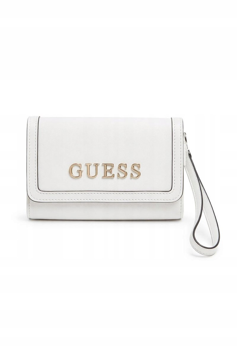 GUESS PORTFEL KLASYCZNY ECRU MIEJSCE NA BILON ZŁOTE LOGO 17x10x4 1GŁA
