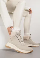 Botki damskie - Beżowe Trapery na Grubej Podeszwie Ozdobione Futerkiem Furitte - miniaturka - grafika 1