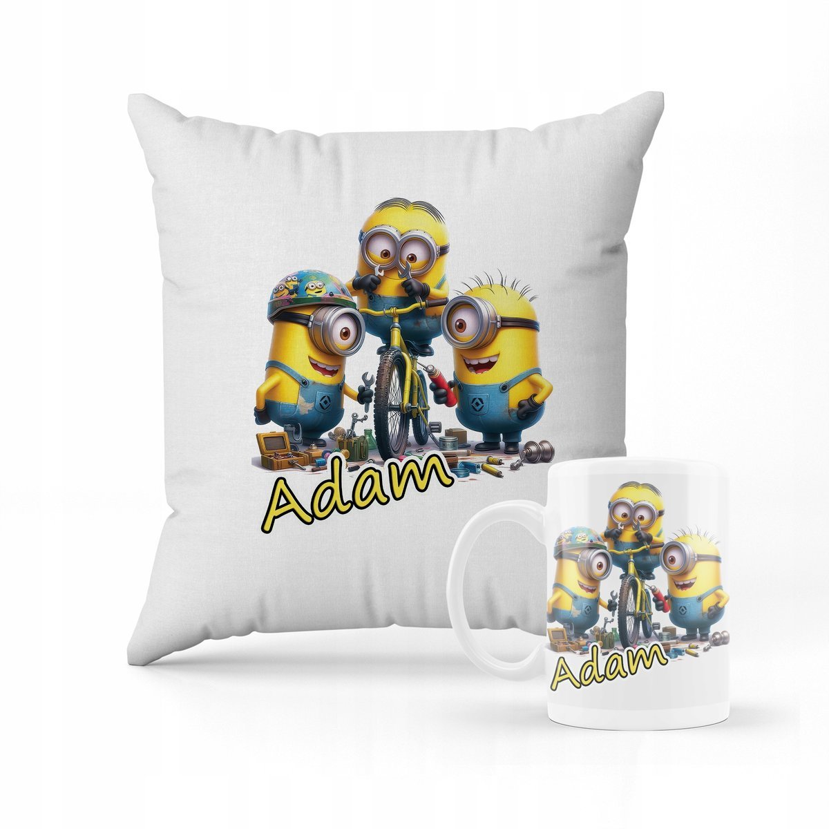 ZESTAW PODUSZKA + KUBEK Prezent Minionki + IMIĘ