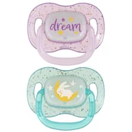 Smoczki uspokajające - Canpol Babies, smoczek uspokajający, od 18 miesięca, silikonowy, symetryczny, Night Glow, fioletowy i niebieski, 2 sztuki - miniaturka - grafika 1