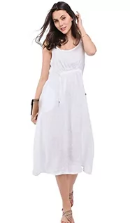 Sukienki - Bonateks damska sukienka 100% lniana wyprodukowana we Włoszech, długa sukienka z koronką z przodu i kieszeniami, biała, rozmiar: XL, biały, XL - grafika 1